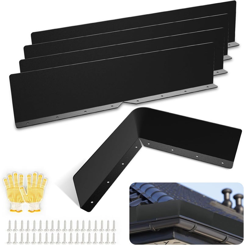 CAPHONT Rain Diverter Roofing Gutter Guards, 4 Pack 15.7 x 3.54 x 0.74 Inches Gutter Splash Guard Valley Downspout Roof Foldable Drip Guard for Corner House (Black) - Image 1